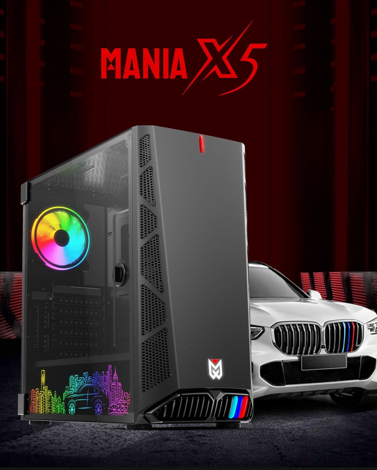 VALUE-TOP MANIA X5 GAMING E-ATX CASING With 1x12cm ARGB FAN ON REAR, 1x12cm BLACK FAN ON FRONT, ARGB LIGHT BOARD ON THE SIDE OF PSU, 1xUSB3.0 & 2xUSB2.0/ TEMPERED GLASS W/ROTARY LOCK